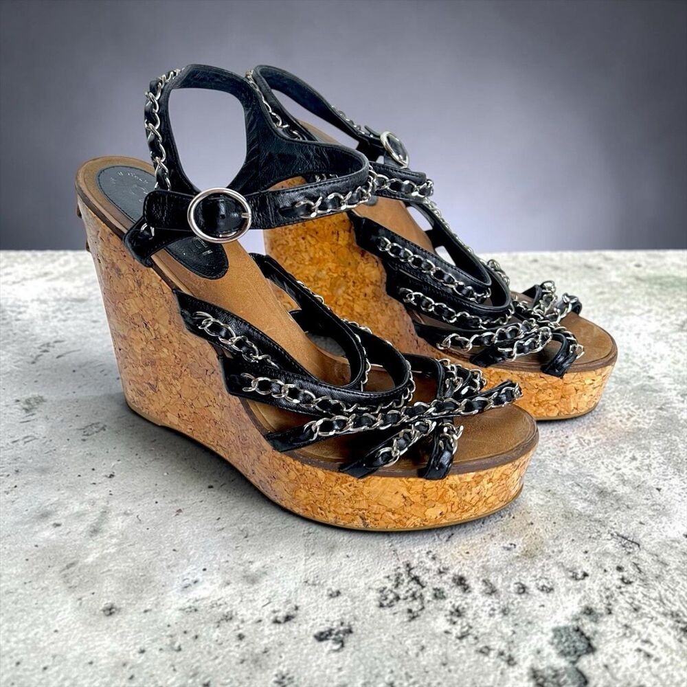 CHANEL Cork Wedge Sandals Black Leather Chain CC Logo Italy EU 39.5 US 9 Boho